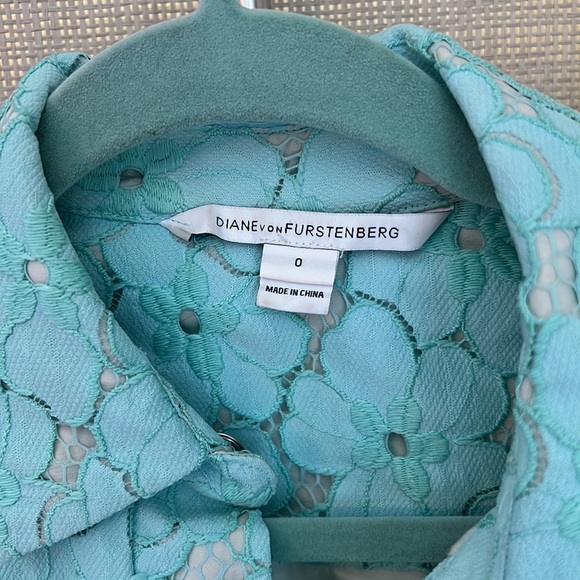 DvF Diane von Furstenberg Leeandra Shirt Dress Soft Turqoise Floral Lace Size O - Picture 3 of 7